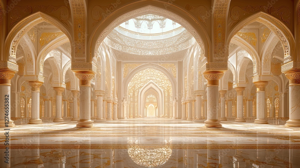 Obraz premium Sunlit grand Islamic hall, ornate arches, marble floor, peaceful background; ideal for religious or architectural projects