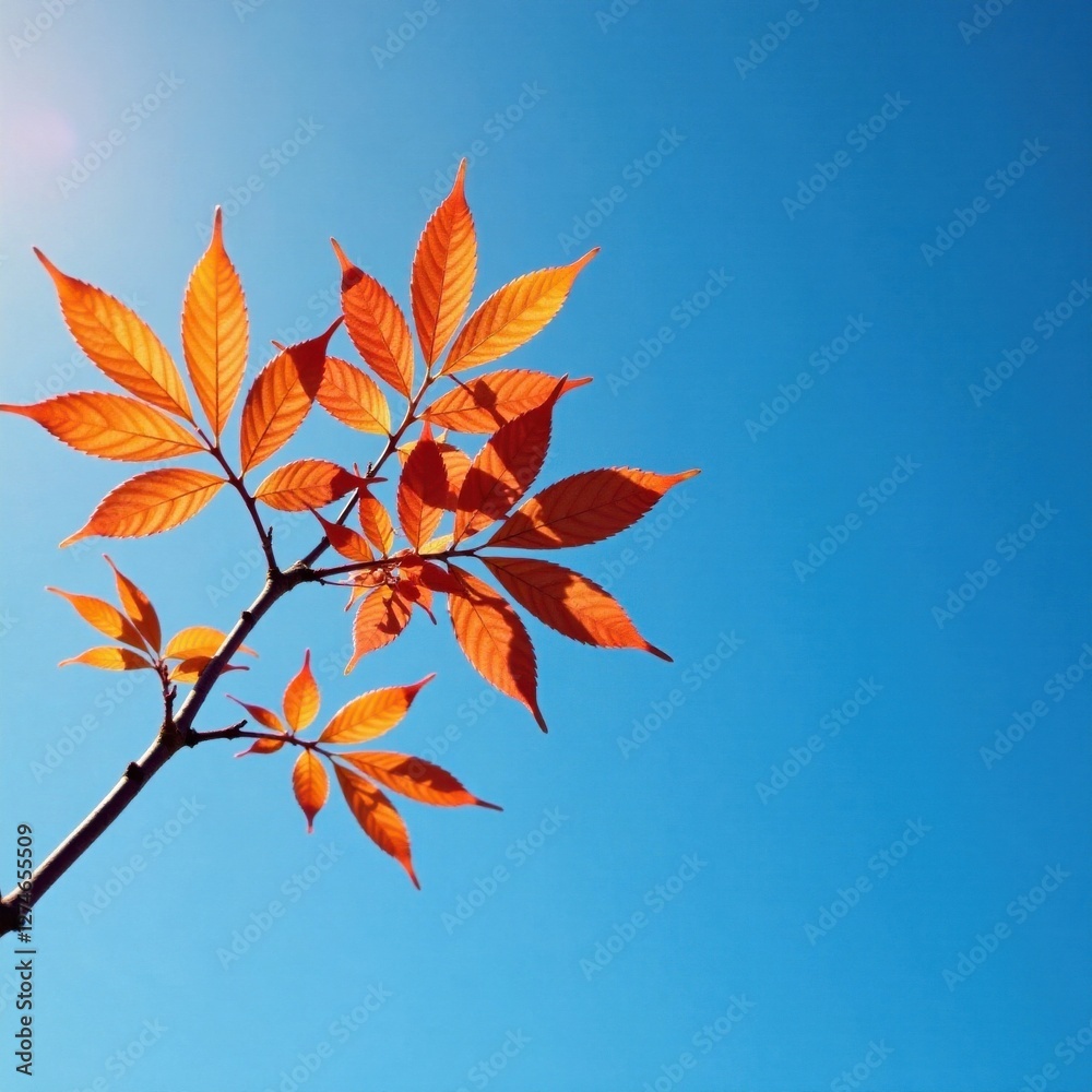 A lone branch with vibrant orange leaves against a blue sky, autumn, branches, tree A lone branch with vibrant orange leaves against a blue sky, autumn, branches, tree