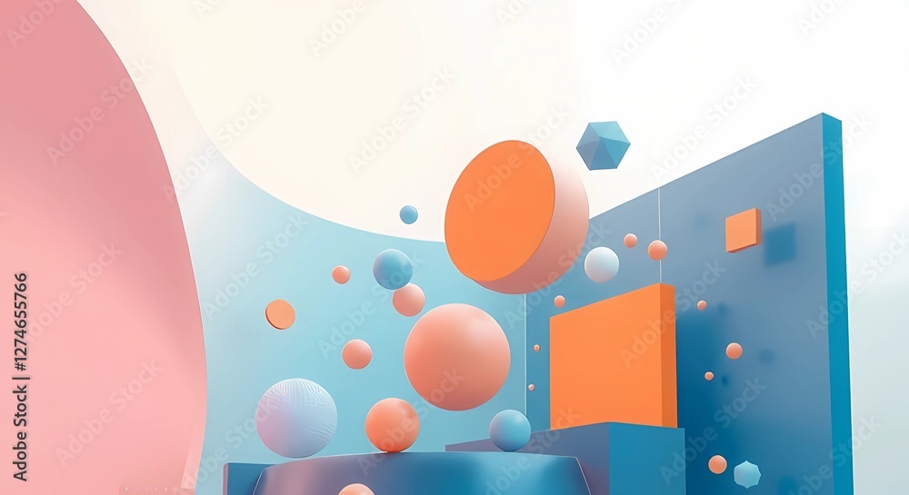 Fototapeta premium Modern 3D composition with dynamic shapes and animations, enhancing depth and interactivity. Features immersive visuals blending with the real environment. Perfect for tech and creative projects