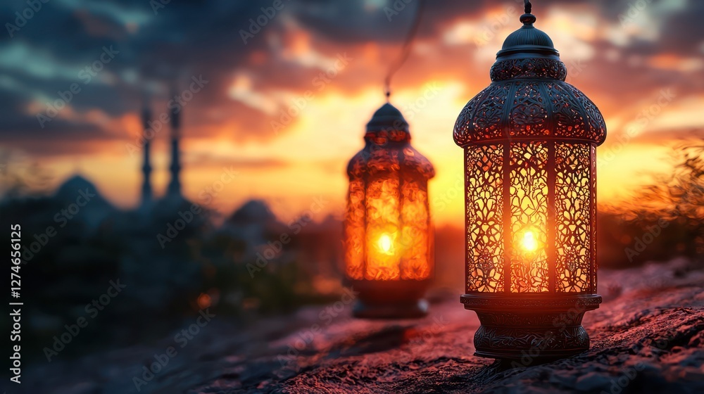 Fototapeta premium Sunset Ramadan lanterns, mosque background, festive celebration, religious holiday