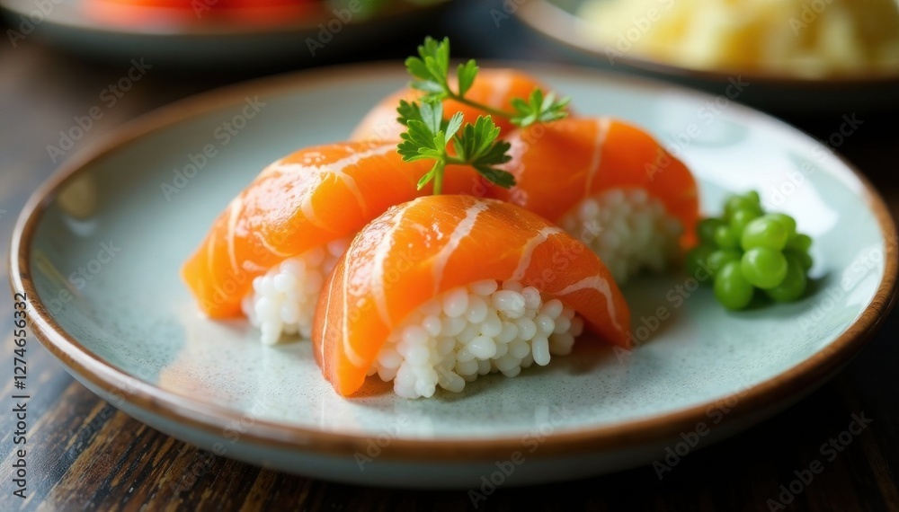 A plate of sushi with a single serving of fish and rice, fish platter, restaurant, seafood restaurant A plate of sushi with a single serving of fish and rice, fish platter, restaurant, seafood restaurant