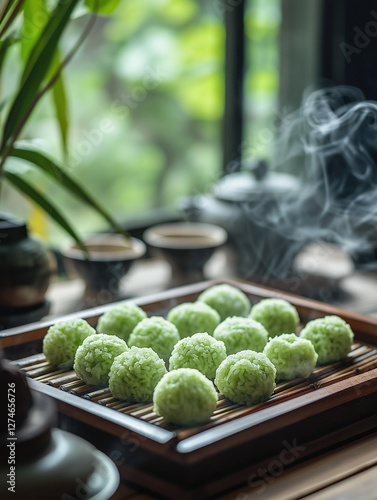 Sweet green rice balls (Qingtuan) neatly arranged on a wooden tray with bamboo leaves, evoking Qingming Festival traditions in soft natural light. Generative AI