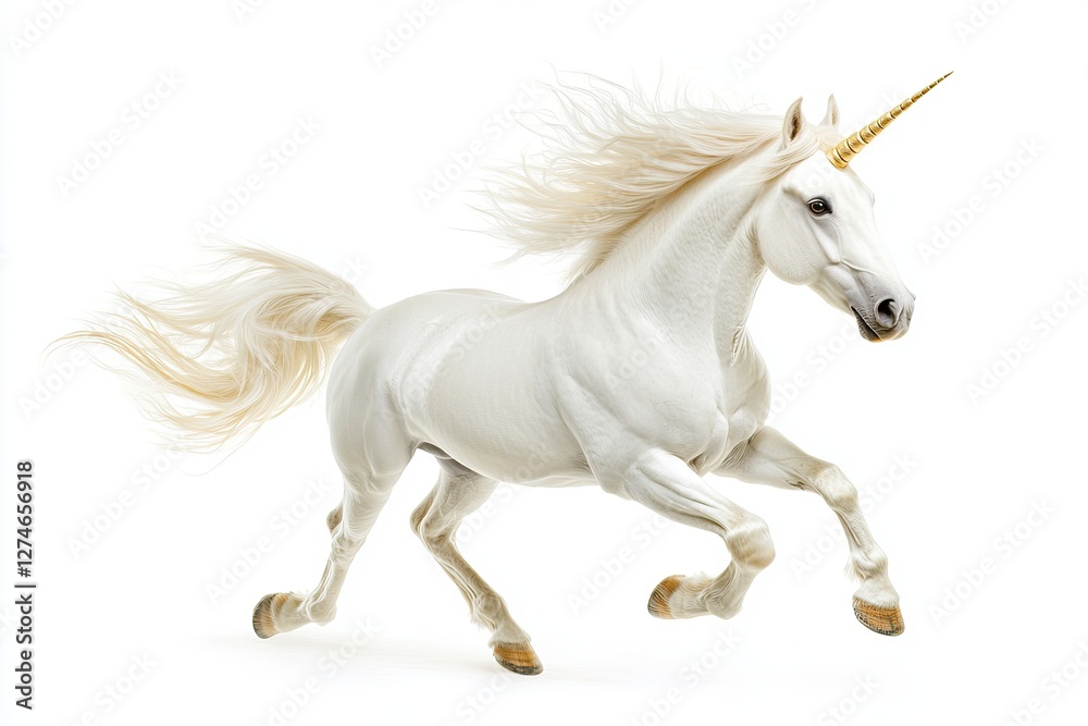 A white unicorn with a golden horn is racing on a white or transparent backdrop, illustrated as a clipart A white unicorn with a golden horn is racing on a white or transparent backdrop, illustrated as a clipart
