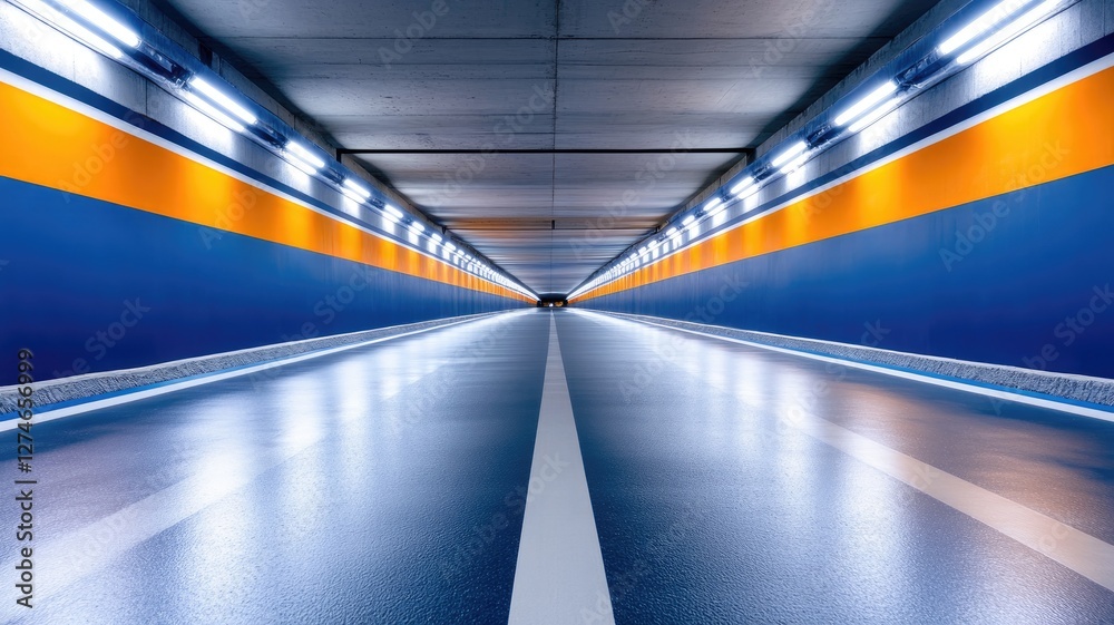 Empty tunnel with blue and orange walls, lit by overhead lights Empty tunnel with blue and orange walls, lit by overhead lights