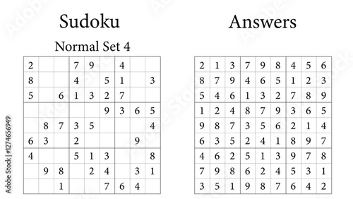 Sudoku Puzzle 9x9 Set 4 Normal with Answers, Fun Brain Training Game for Kids, Teens and Adults, Vector	