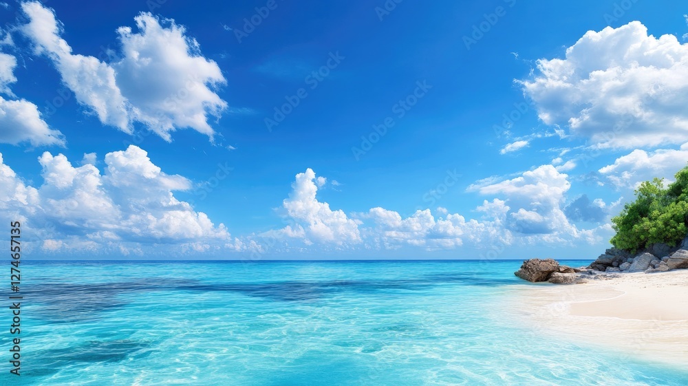 Bright tropical beach with clear blue sky, white sand, and turquoise ocean Bright tropical beach with clear blue sky, white sand, and turquoise ocean