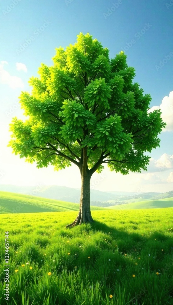 Fototapeta premium A single tree in a field with sunlight filtering through its leaves, environmental, foliage, forest
