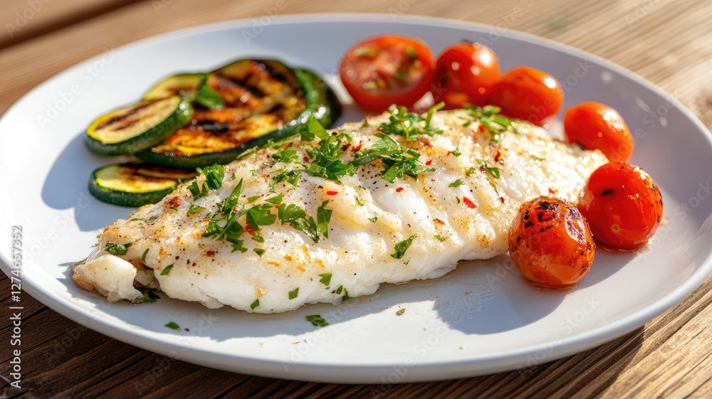 Grilled fish fillet with zucchini and cherry tomatoes on white plate, garnished parsley Grilled fish fillet with zucchini and cherry tomatoes on white plate, garnished parsley