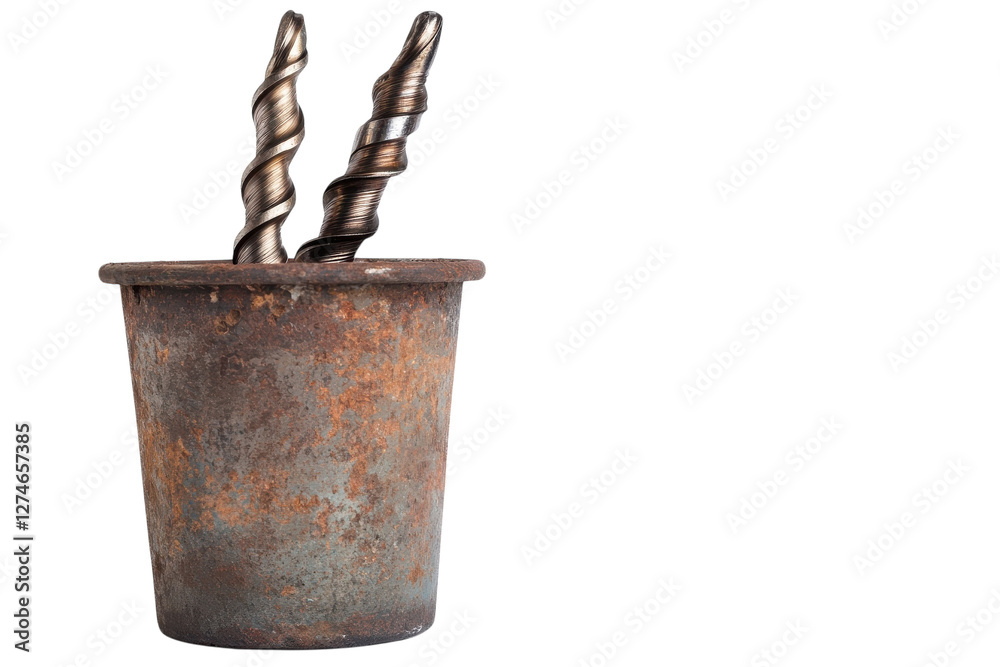 Twisted metal drills poised in an aged terracotta pot on a minimalist background isolated on transparent background Twisted metal drills poised in an aged terracotta pot on a minimalist background isolated on transparent background