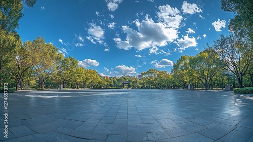 Urban Square with Trees and Blue Sky, White Clouds, Captured with a Wide-Angle Lens
