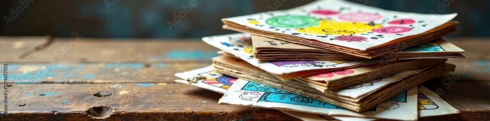 A stack of colorful hand-drawn illustrations on a rustic wooden table, storybook, art, artistic expression A stack of colorful hand-drawn illustrations on a rustic wooden table, storybook, art, artistic expression