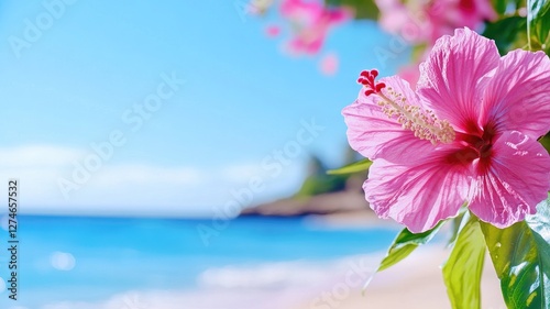 Wallpaper Mural Close-up of pink hibiscus flower on tropical beach with clear blue water and sky Torontodigital.ca