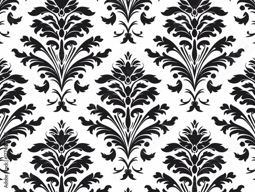 Damask pattern, black and white, seamless repeat, textile design