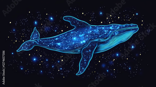 Neon-style glowing blue whale illustration surrounded by stars on a black background, combining marine life with a cosmic theme. Neon Cosmic Whales. Illustration photo