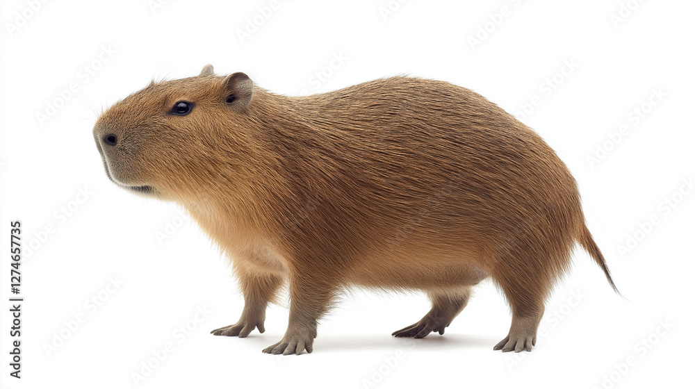 close up of a brown color fur capybara rodent isolated on white background looking towards left close up of a brown color fur capybara rodent isolated on white background looking towards left