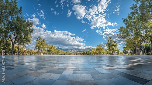 Urban Square with Trees and Blue Sky, White Clouds, Captured with a Wide-Angle Lens