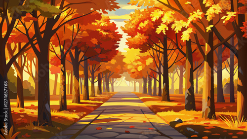 autumn alley along with tall trees with lush vibrant orange yellow foliage and bright sunlight in the distance