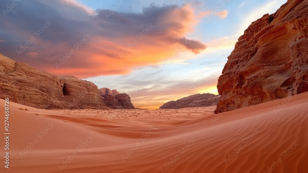 Fototapeta premium Beautiful sunset over vast desert landscape with rock formations and sand dunes