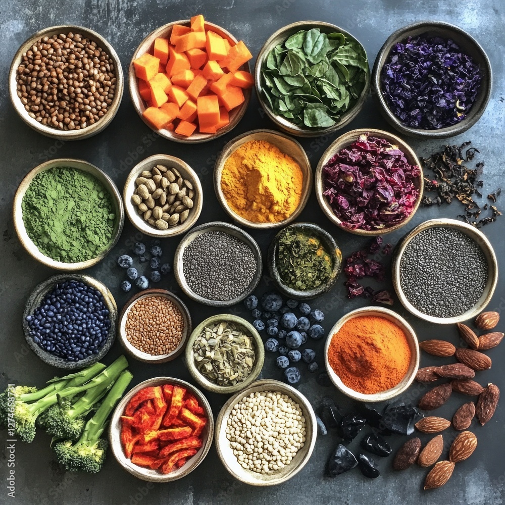 Assorted healthy ingredients in bowls on dark surface Assorted healthy ingredients in bowls on dark surface