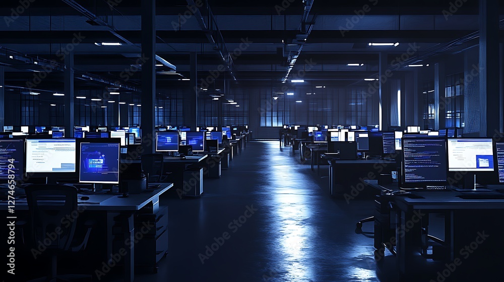 Nighttime data center, rows of computers Nighttime data center, rows of computers