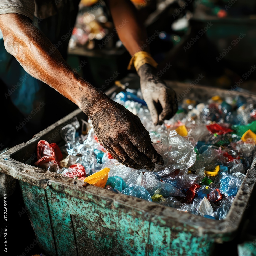 Obraz premium A man is sorting through a pile of plastic bottles, wearing dirty gloves