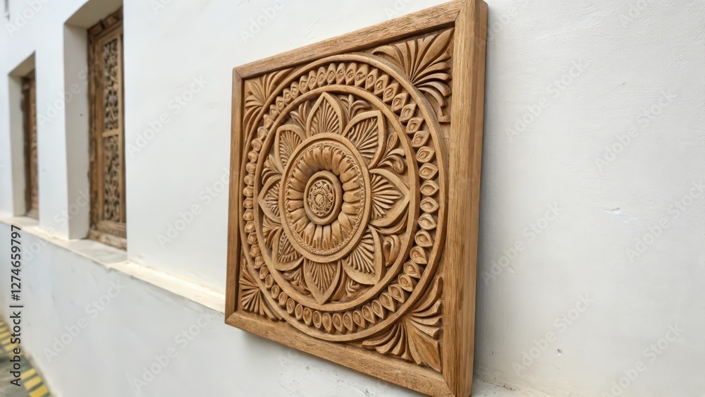 Naklejka premium Intricate Carved Wooden Panel on White Wall