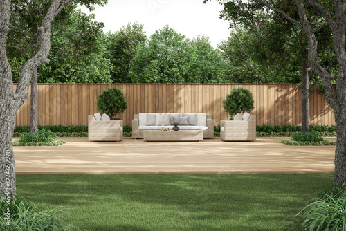 Fototapeta Naklejka Na Ścianę i Meble -  Modern contemporary wooden terrace with rattan furniture 3d render surrounded by green nature