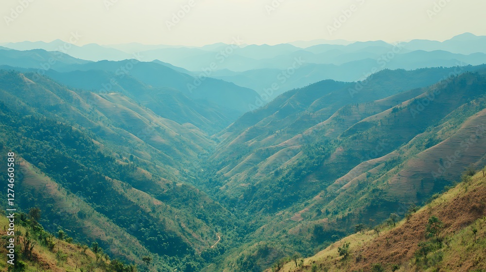 Naklejka premium Rolling Green Mountains Valley Landscape Scene