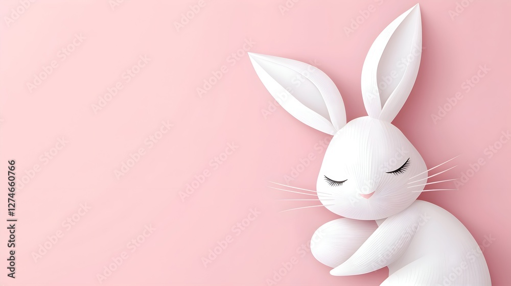 Obraz premium Elegant Happy Easter Greeting Card with Cute White Bunny on Soft Pink Background.