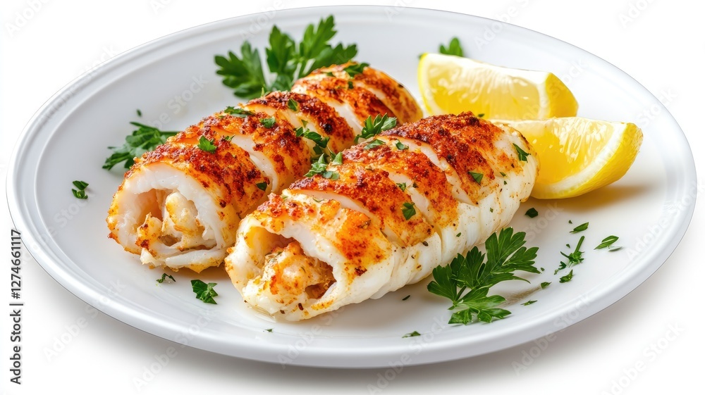 Delicious stuffed calamari garnished with parsley and lemon slices on white plate Delicious stuffed calamari garnished with parsley and lemon slices on white plate