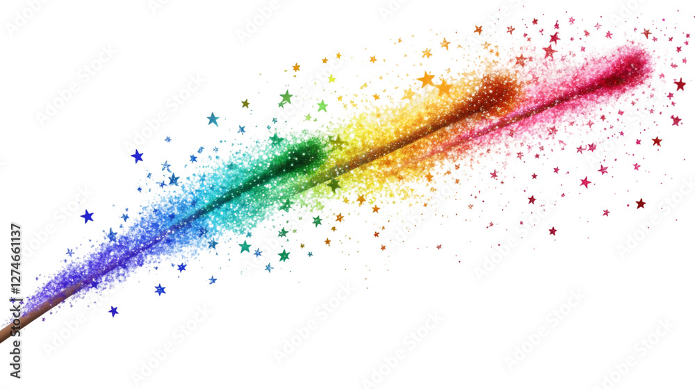 Rainbow colored magic wand leaving a sparkling trail of glitter and stars, ideal for fantasy and fairytale projects Rainbow colored magic wand leaving a sparkling trail of glitter and stars, ideal for fantasy and fairytale projects