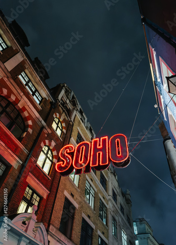 Neon Soho sign glowing against a night sky in London