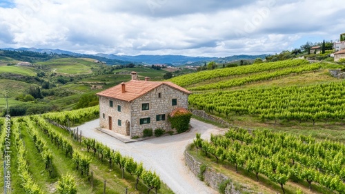 Stone house surrounded by vineyards and hills under partly cloudy sky
