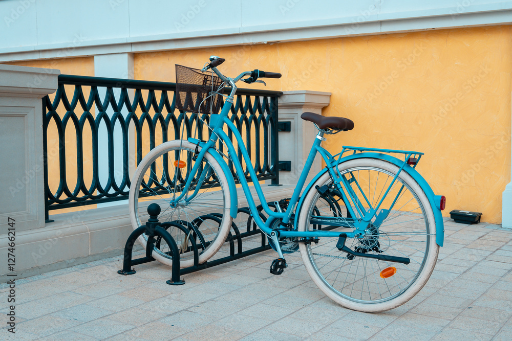 Blue classic city bike standing in bicycle parking lot in front of yellow apartment building