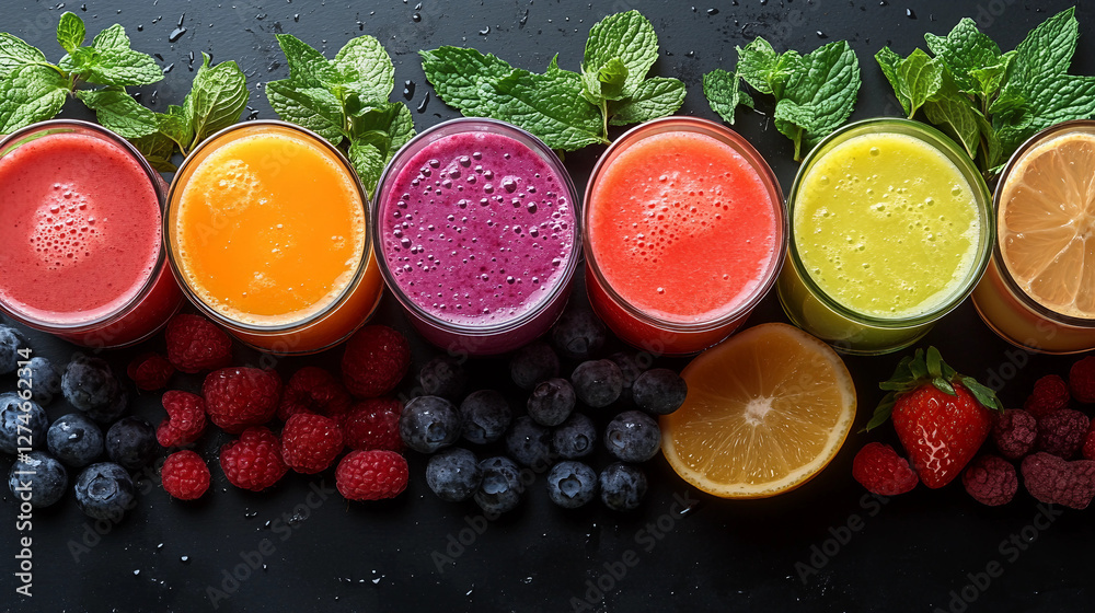 A vibrant collage of refreshing smoothies and juices, featuring a rainbow of colors and garnishes that invite a feeling of summer delight. A vibrant collage of refreshing smoothies and juices, featuring a rainbow of colors and garnishes that invite a feeling of summer delight.