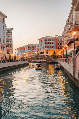 Evening view of the canal and houses in the Pearl Island of Qatar