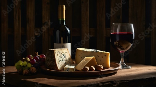 Obraz na płótnie Cinematic Image of a Glass of Red Wine and Cheese Platter w salonie