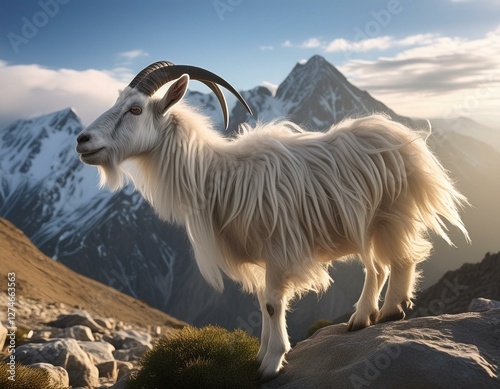 Mountain goat on a rock. Close up view of a young ibex. adult ibex on rocks. Wildlife conservation. Nature and environment. photo