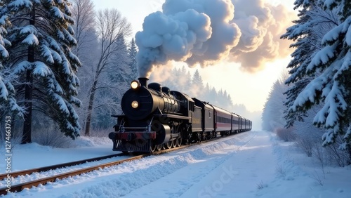 A vintage steam train travels through a snowy winter landscape. Concept of: Winter journey