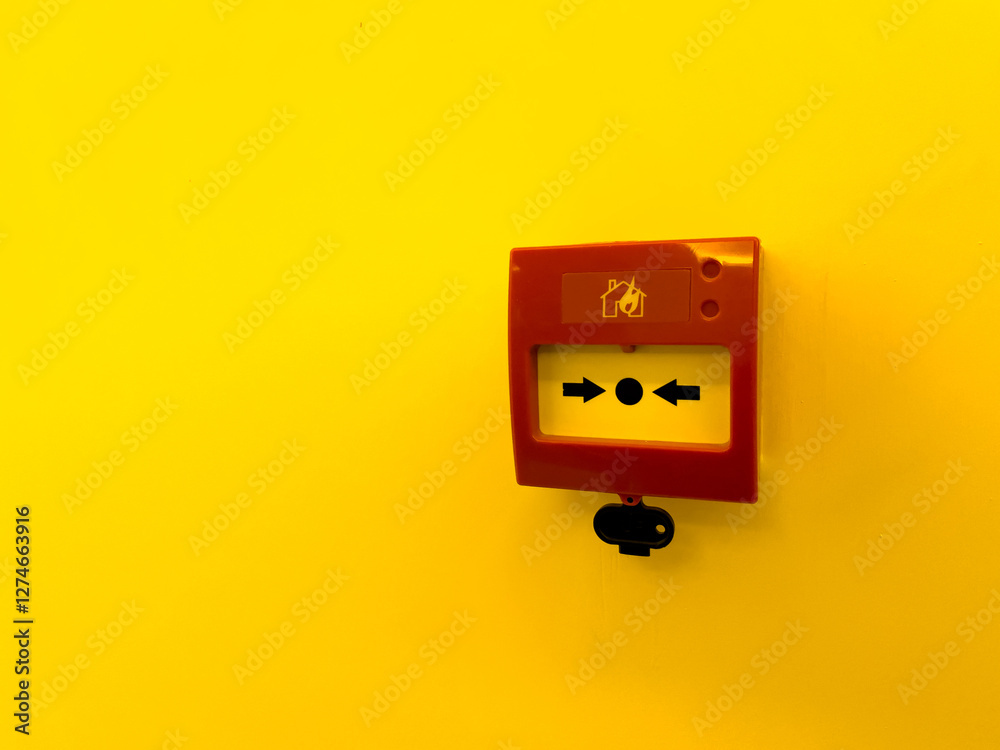 Red Fire Alarm Button Mounted On A Yellow Wall. Safety Equipment For Emergency Situations. Concept Of Fire Prevention, Public Safety, And Building Regulations. Ideal For Security, Risk Management Red Fire Alarm Button Mounted On A Yellow Wall. Safety Equipment For Emergency Situations. Concept Of Fire Prevention, Public Safety, And Building Regulations. Ideal For Security, Risk Management