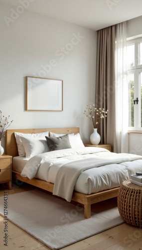 Bedroom with white walls and wooden furniture, modern, high end, minimalist