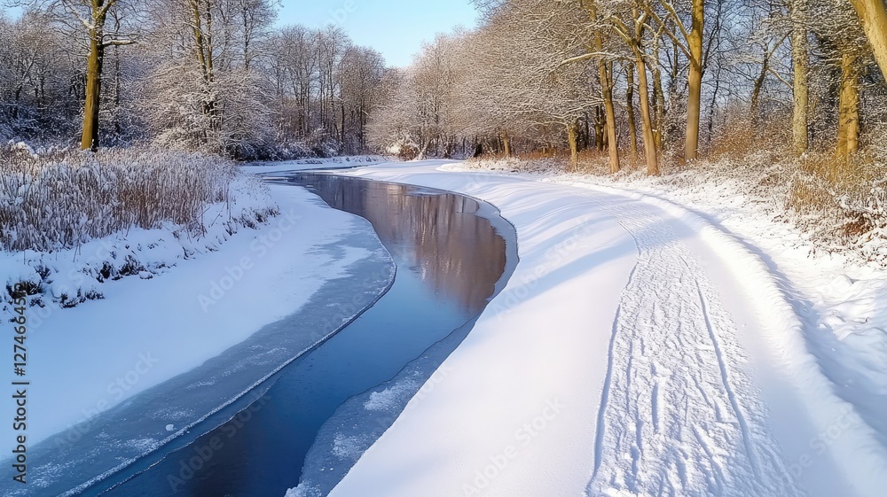 Snow-covered path alongside partially frozen river in winter landscape with bare trees Snow-covered path alongside partially frozen river in winter landscape with bare trees