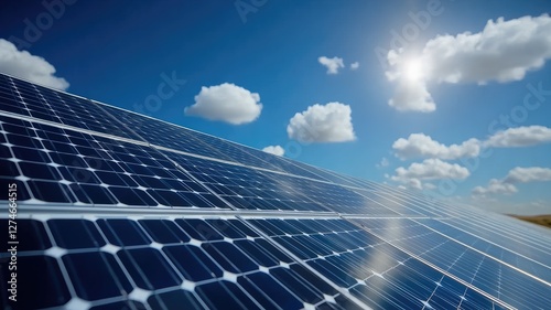 Solar panels under blue sky with clouds, harnessing renewable energy