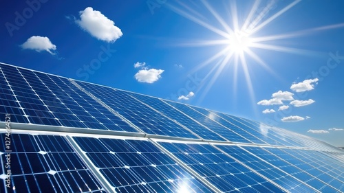 Solar panel array bathed in bright sunlight with blue sky and clouds