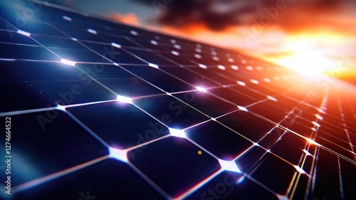 Close-up of solar panels with sunset in background