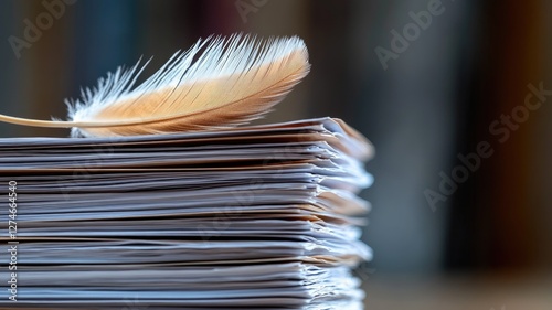 Feather resting on stack of documents, symbolizing creativity and organization