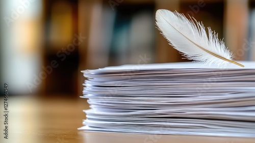 Stack of white papers with feather on top wooden table