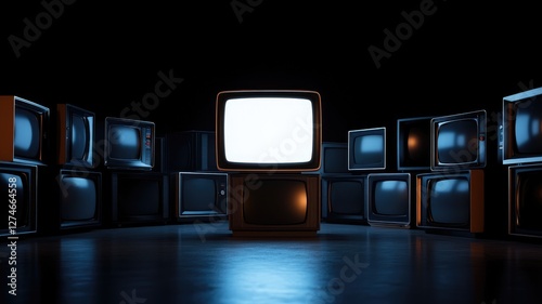 Group of vintage TV sets with one glowing screen in dark room
