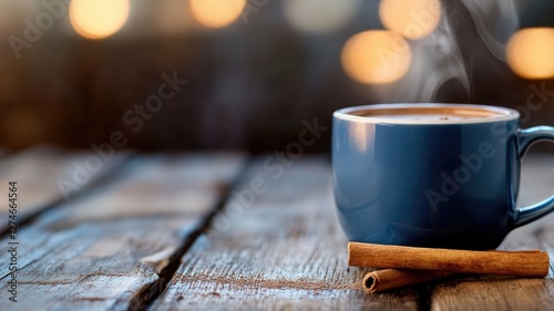 Steaming hot drink in blue mug on wooden table with cinnamon sticks