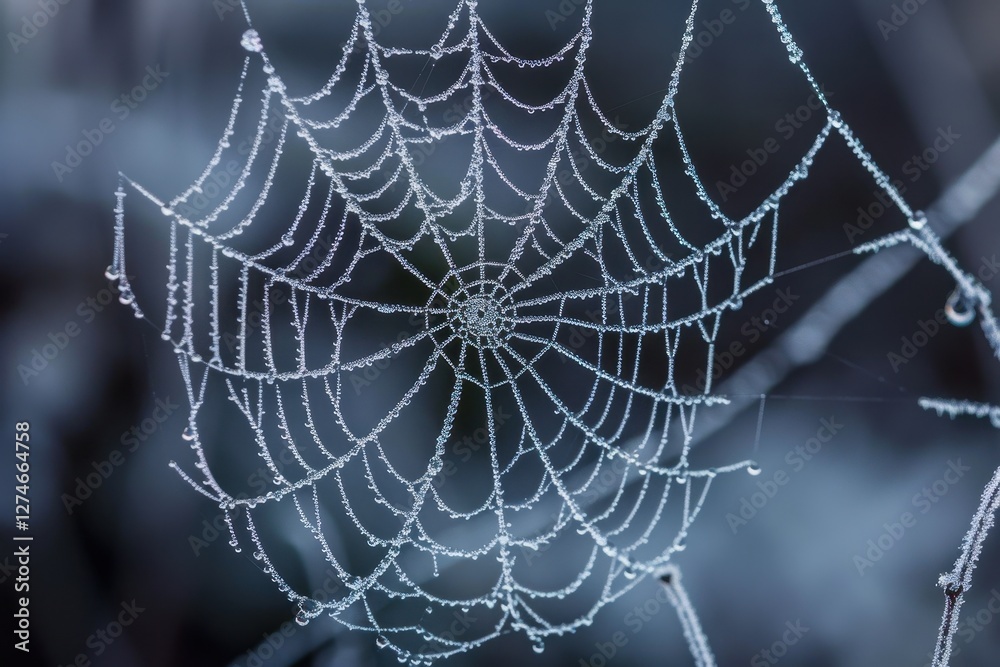 Frosted spider web connects to red berries on a cold winter morning in a serene natural setting